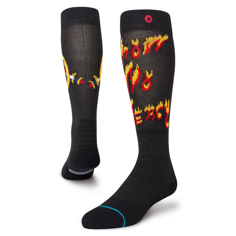 Slayer Snow Sb Sock 2022 - Black socks with a red, yellow and blue Slayer band logo on top of a black background.