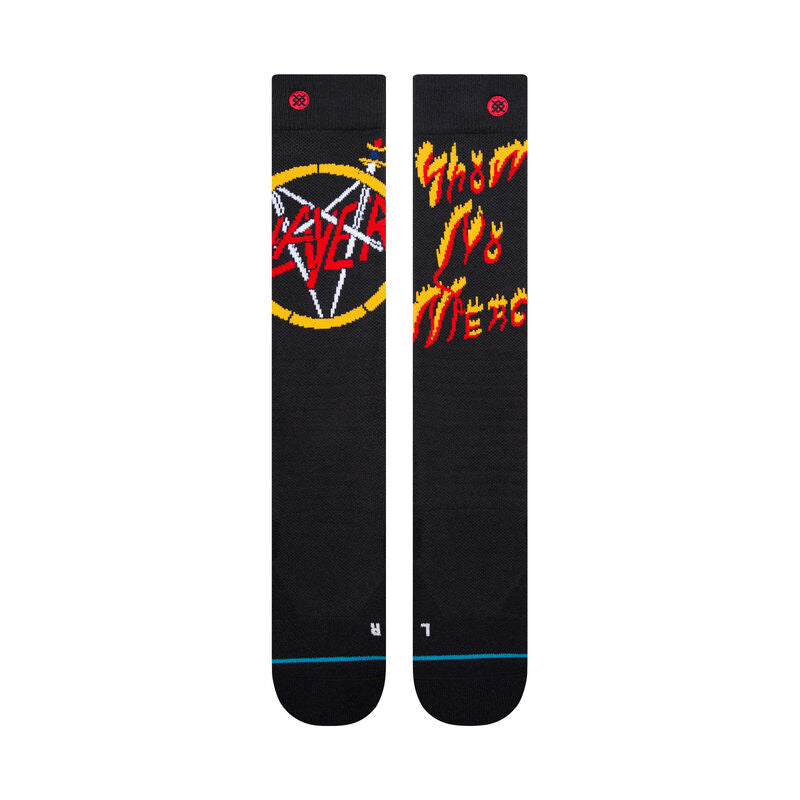 Slayer Snow Sb Sock 2022 - Black socks with a red, white and yellow Slayer band logo in the center.