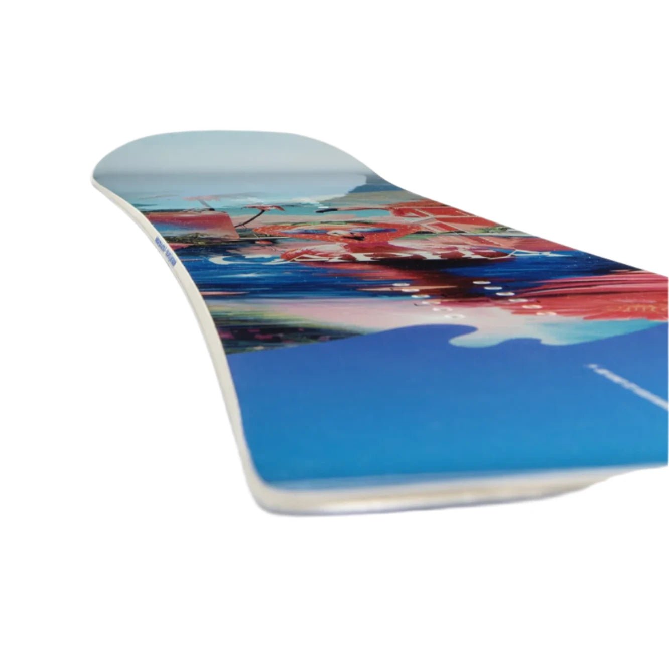 CAPiTA Women's Space Metal Fantasy Snowboard 2025 - A snowboard with a predominantly blue base color, featuring a vibrant abstract design in shades of pink and green.