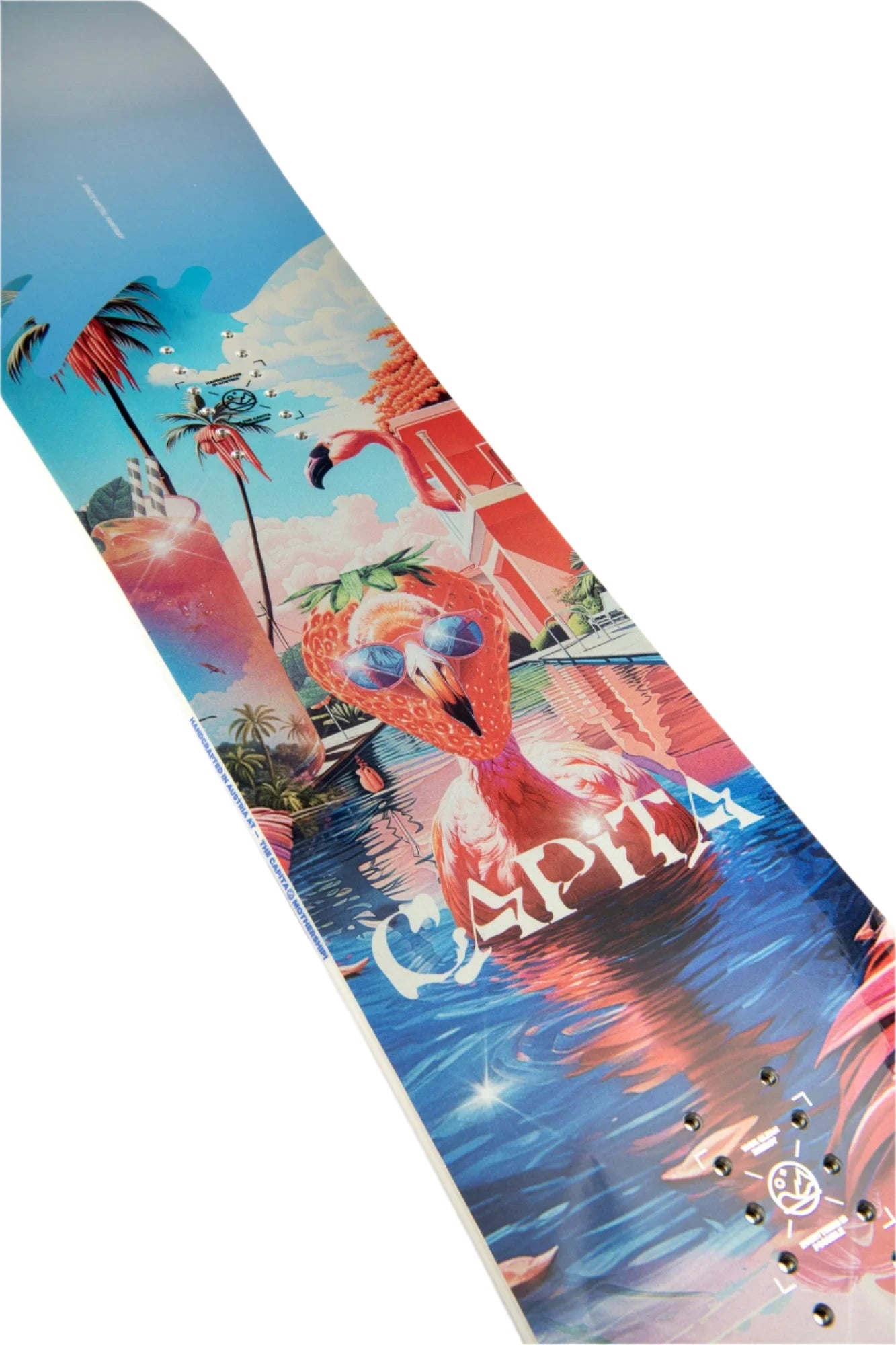 CAPiTA Women's Space Metal Fantasy Snowboard 2025 - A snowboard with a pink and blue gradient background, featuring a cartoon-style illustration of a woman in a metallic dress standing on top of a mountain.