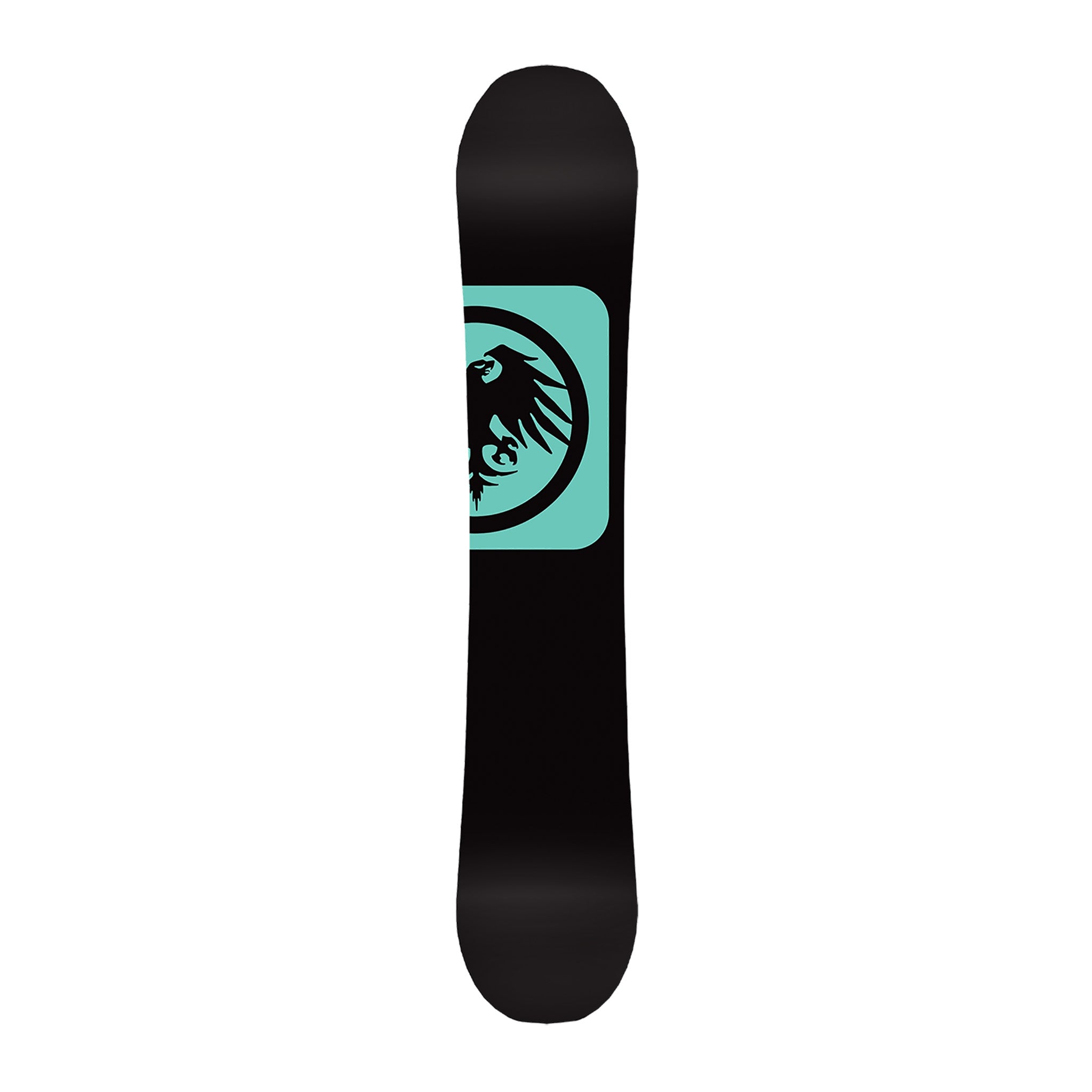 Never Summer Snowtrooper Snowboard 2025 - A black snowboard with a light blue logo featuring an eagle's head in profile, facing left.