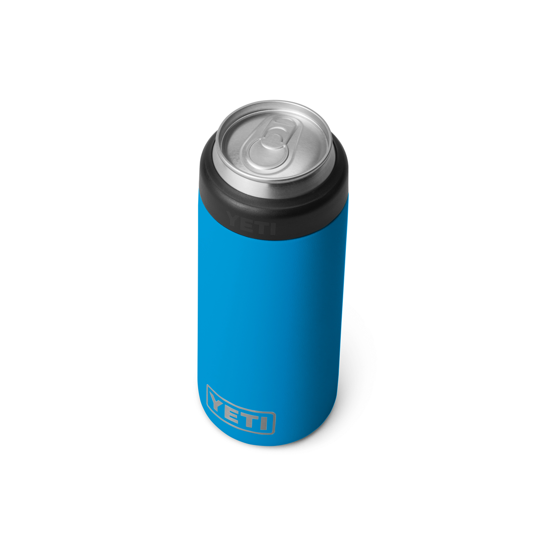 Yeti Rambler 12 oz. Colster Slim Can Insulator - A slim can insulator with a black lid and silver top, featuring the word "YETI" in gray letters on the side.