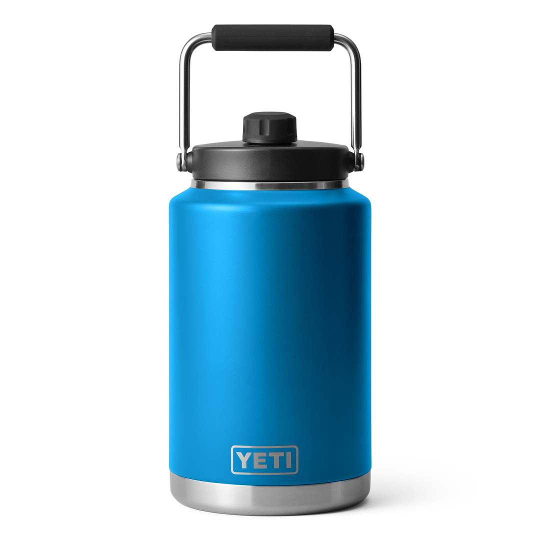 Yeti Rambler One Gallon Jug - A large, insulated jug with a screw-top lid and handle on top. It is primarily white with black lettering.