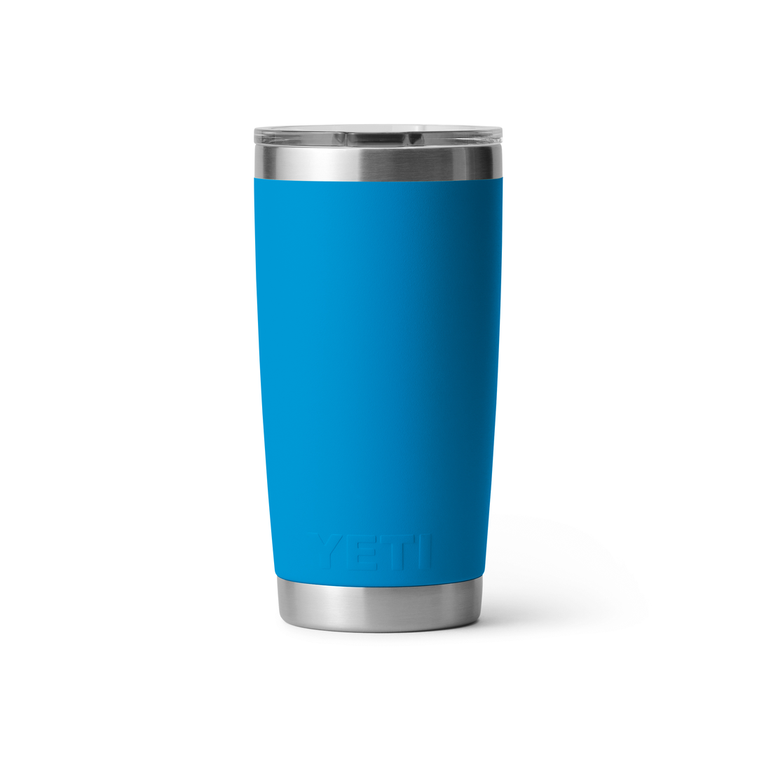 Yeti Rambler 20 oz. Tumbler with Magslider Lid - A stainless steel tumbler with a silver lid and a sliding closure mechanism.
