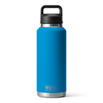 Yeti Rambler 46 oz. Bottle with Chug Cap - A stainless steel water bottle with a black chug lid and handle, featuring a silver base and a blue logo on the side.