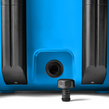Yeti Roadie 48 Wheeled Cooler - A blue wheeled cooler with a black handle and wheels, featuring a circular drain plug at the bottom.