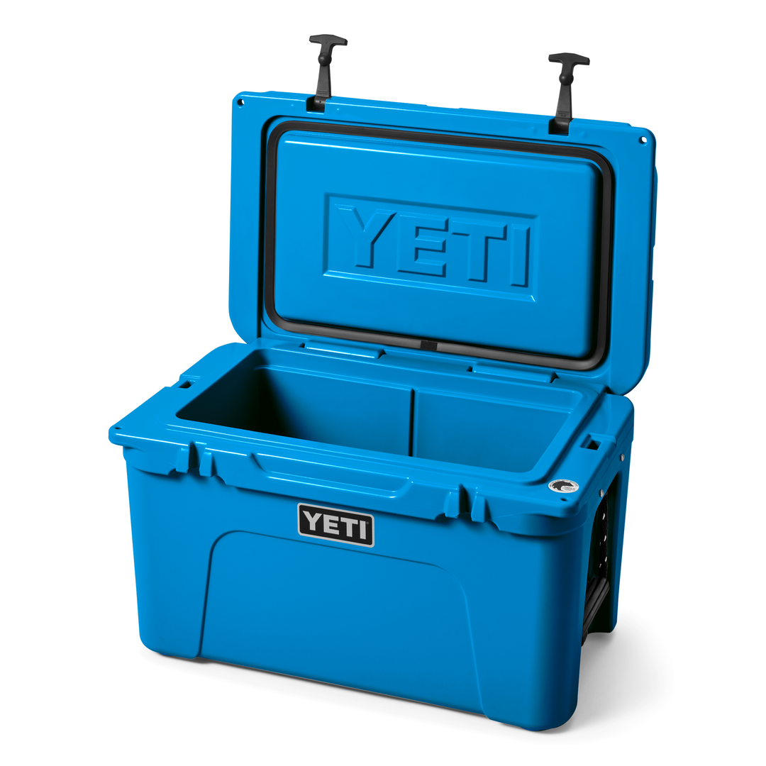 Yeti Tundra 45 Cooler - A large, rectangular cooler with a dark blue lid and matching body, featuring a handle on top and a logo in silver lettering.