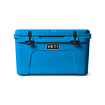 Yeti Tundra 45 Cooler - A large, rectangular cooler with a dark blue lid and matching body, featuring two black latches on top.