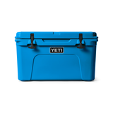 Yeti Tundra 45 Cooler - A large, rectangular cooler with a dark blue lid and matching body, featuring two black latches on top.