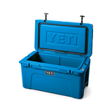 Yeti Tundra 65 Cooler - A large, rectangular cooler with a dark blue lid and matching body, featuring a handle on top and a logo in silver lettering.