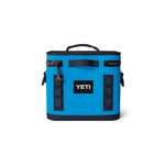 Yeti Hopper Flip 8 Personal Cooler - A blue cooler with a handle on top and an orange logo that says "YETI" in bold letters.
