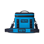 Yeti Hopper Flip 8 Personal Cooler - A blue cooler with a handle on top and two side handles, featuring a zipper closure.