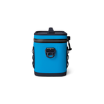 Yeti Hopper Flip 8 Personal Cooler - A blue cooler with a zippered top and handle on the side, featuring a black zipper pull tab.