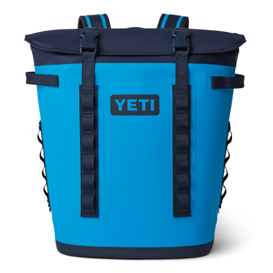 Yeti Hopper M20 Soft Backpack Cooler - A large, blue cooler with a zippered top and two adjustable shoulder straps.