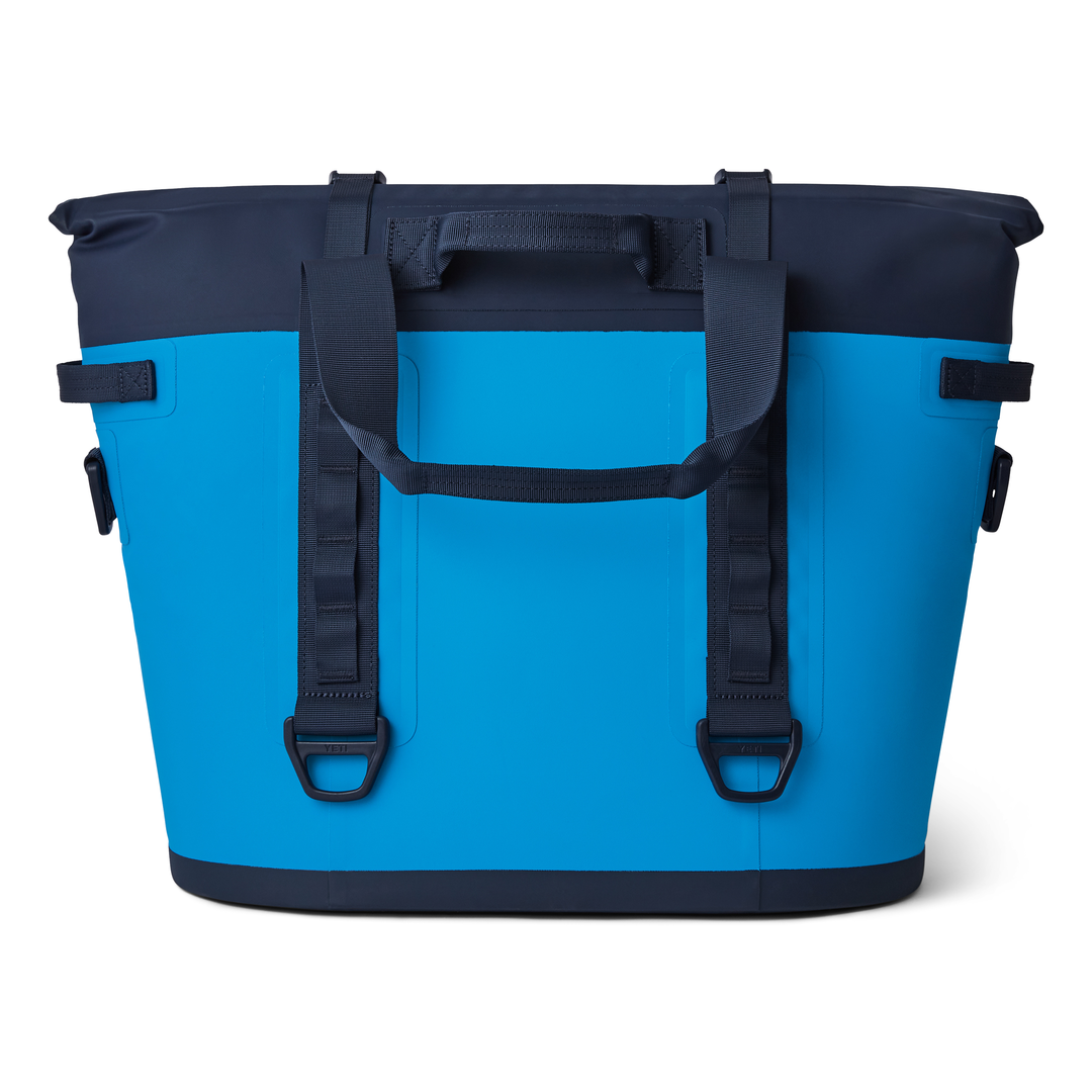 Yeti Hopper M30 2.0 Soft Cooler - A large, rectangular-shaped cooler with a navy blue lid and a gray base.