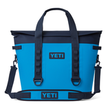 Yeti Hopper M30 2.0 Soft Cooler - A large, rectangular-shaped cooler with a navy blue exterior and a black handle on top.