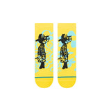 SURF CHECK CREW C SK KIDS 2023 - A pair of yellow crew socks with a blue surfboard and wave design on them.