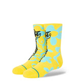SURF CHECK CREW C SK KIDS 2023 - A pair of yellow crew socks with a light blue surfboard and wave pattern.