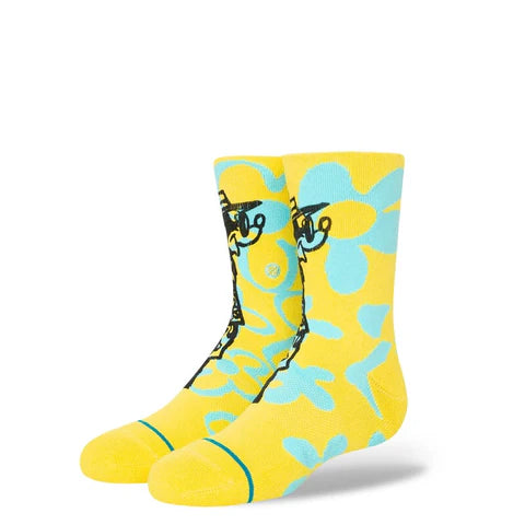 SURF CHECK CREW C SK KIDS 2023 - A pair of yellow crew socks with a light blue surfboard and wave pattern.