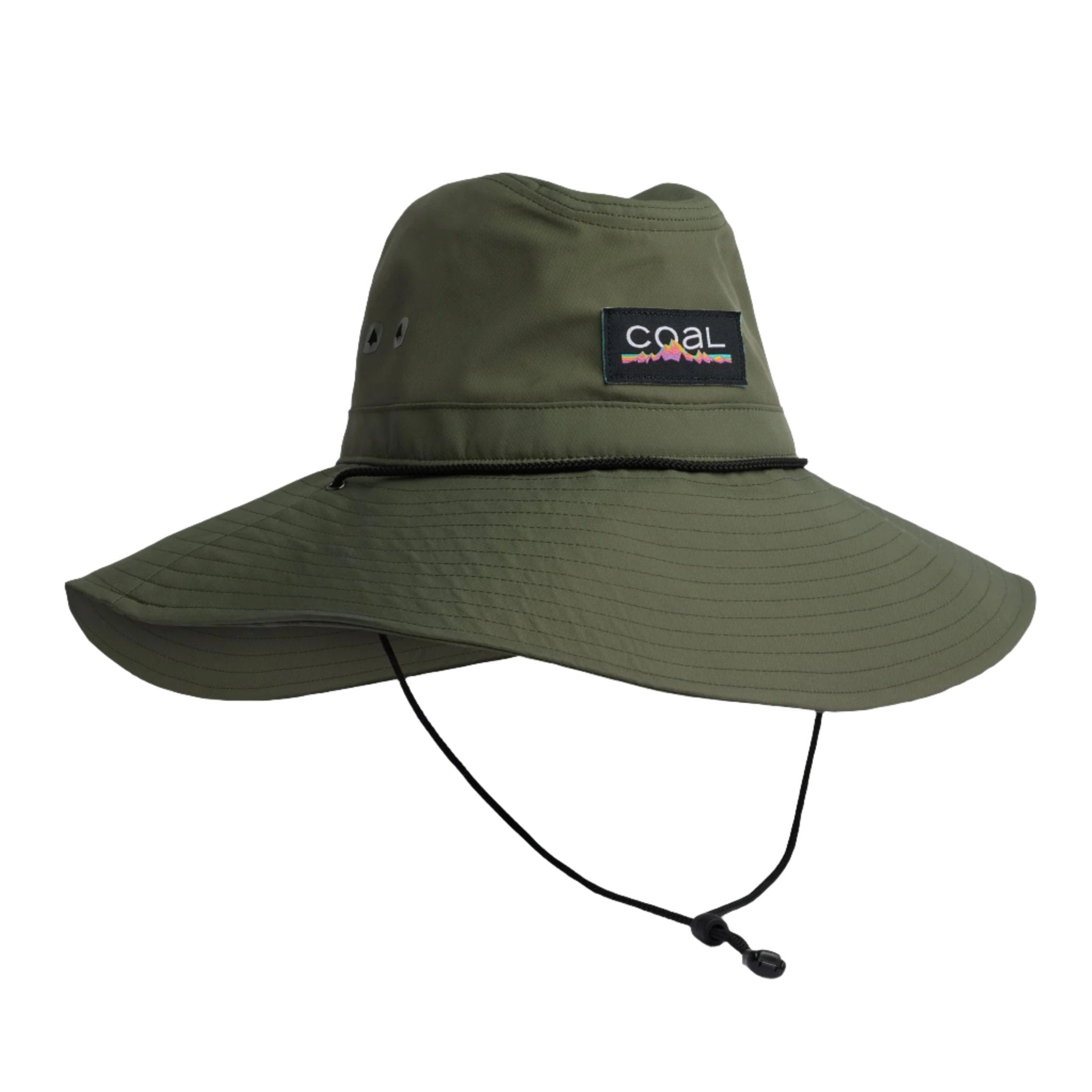 STILLWATER HAT 2023 - A khaki green hat with a black logo patch on the front and two small holes for ventilation on the side.