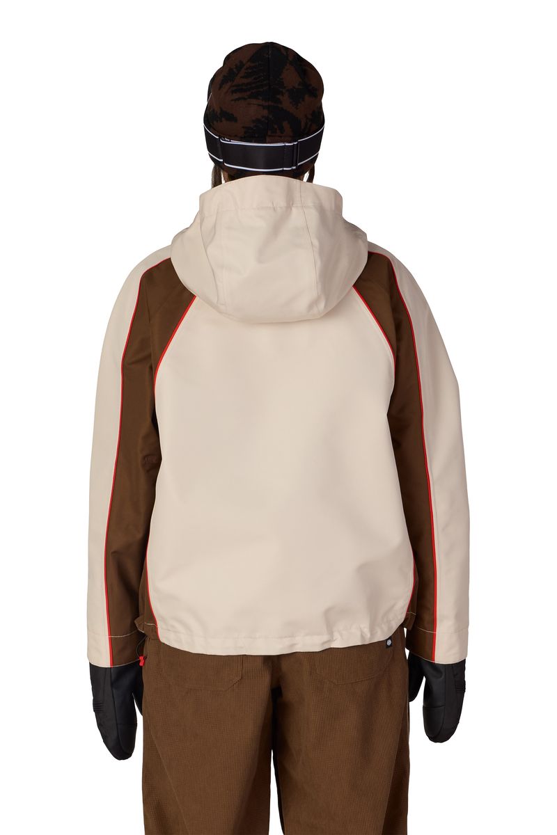 Colorblock shell jacket with hood and full-zip back, brown and cream paneling