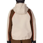 Colorblock shell jacket with hood and full-zip back, brown and cream paneling