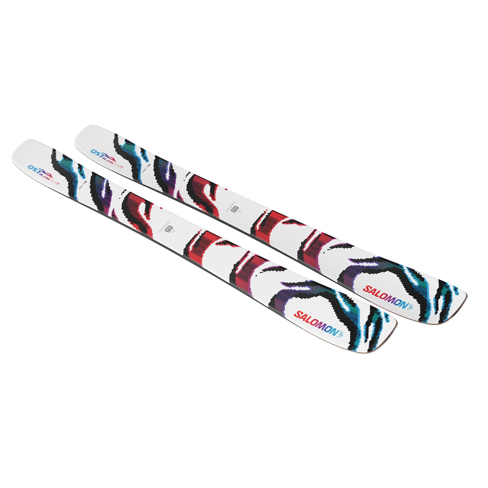 Two pairs of Salomon S/Lab QST Blank skis with colorful designs on white background.
