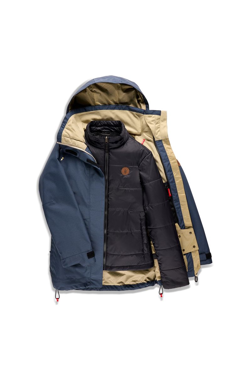Women's 3-in-1 jacket in dark navy, shell with hood and removable padded inner