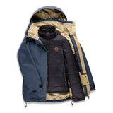 Women's 3-in-1 jacket in dark navy, shell with hood and removable padded inner