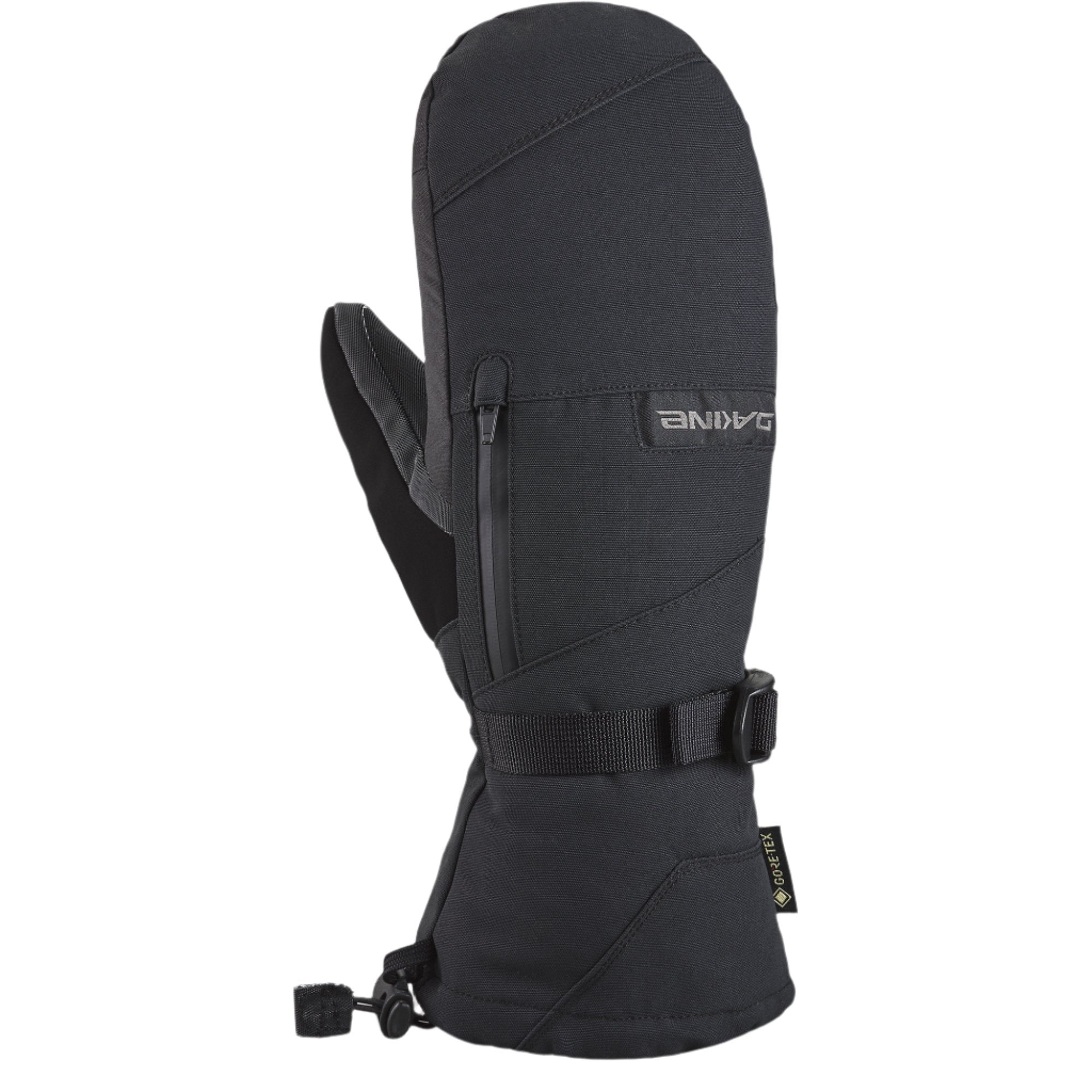 Dakine Titan Gore-Tex Mitt 2025 - A black mitt with a zippered pocket on the back and a strap closure at the wrist.