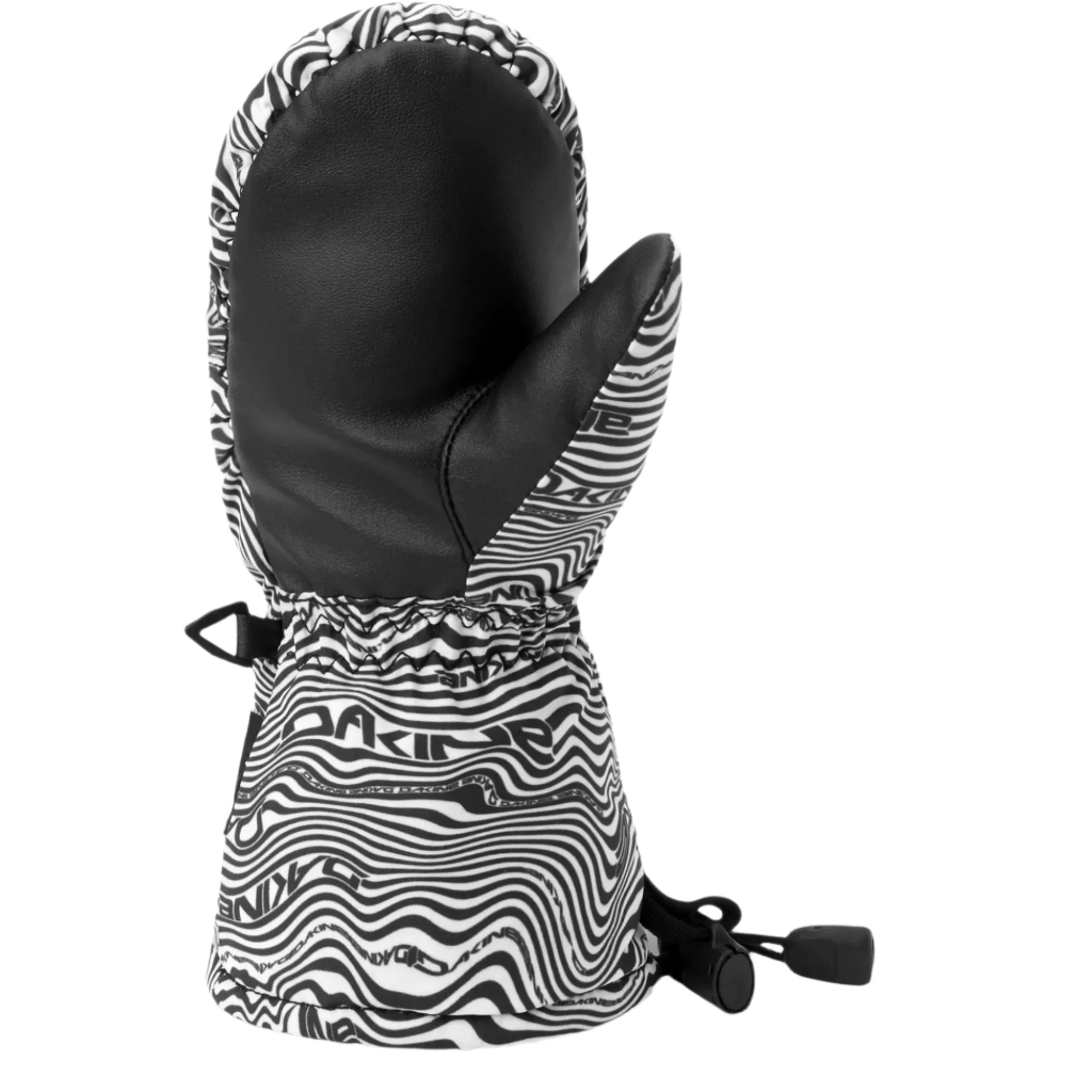 Dakine Toddler Scrambler Mitt 2025 - A black and white mitt with a wavy line pattern, featuring a black palm and thumb.
