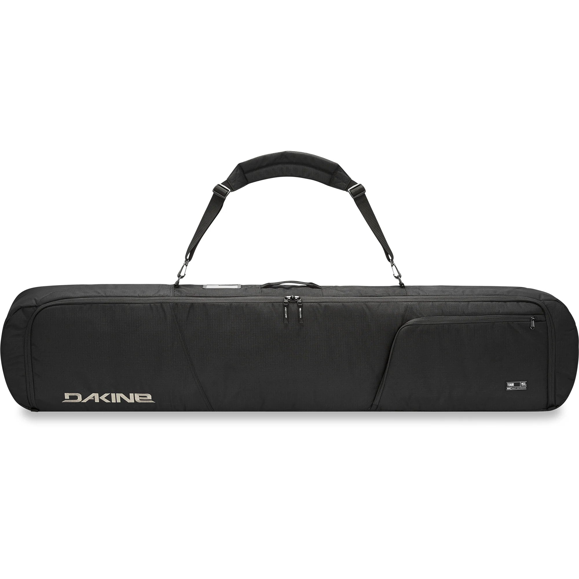 Dakine Tour Snowboard Bag - A black snowboard bag with a handle and shoulder strap, featuring a zippered pocket on the front.
