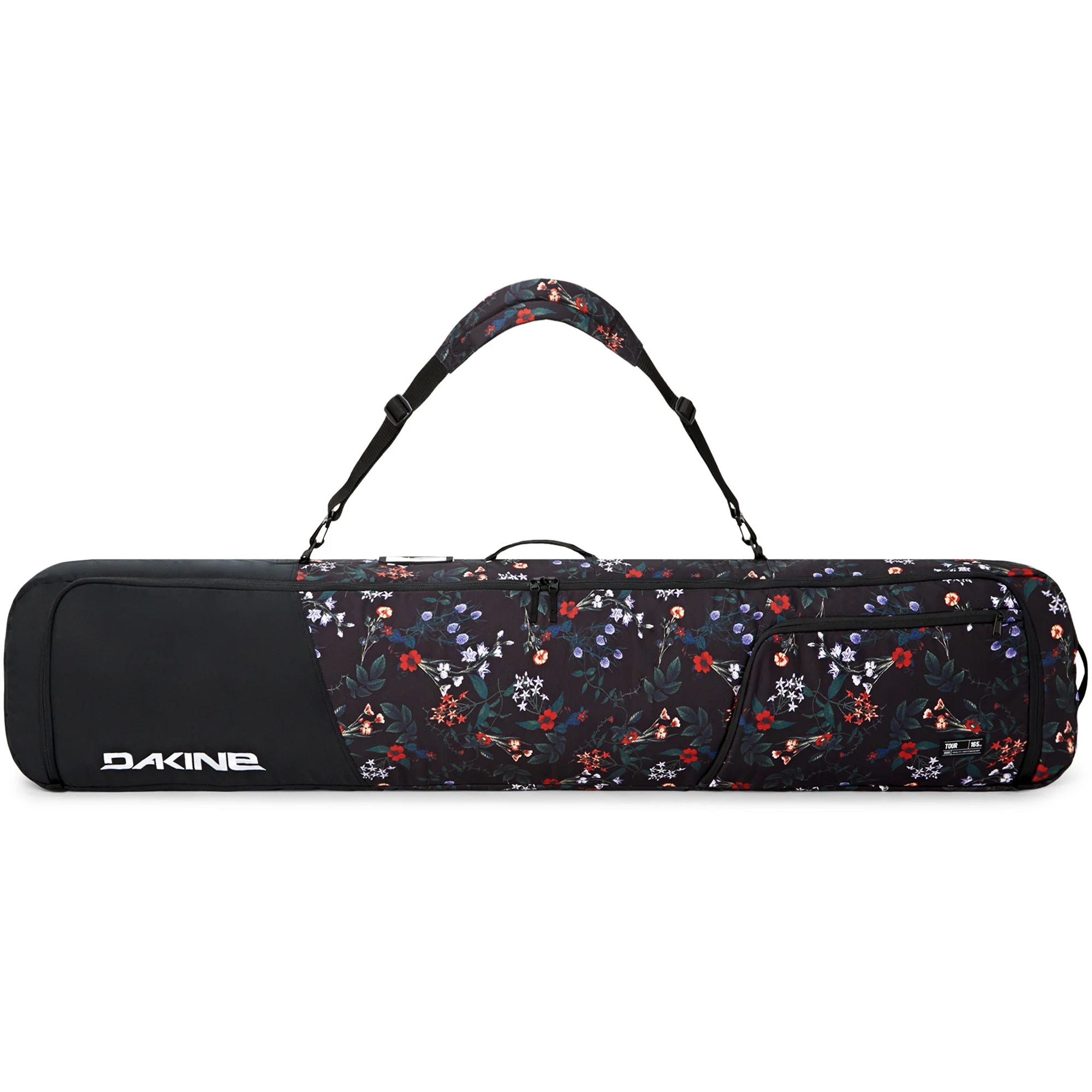 Dakine Tour Snowboard Bag - A black snowboard bag with a floral pattern and white lettering, featuring a handle on top.