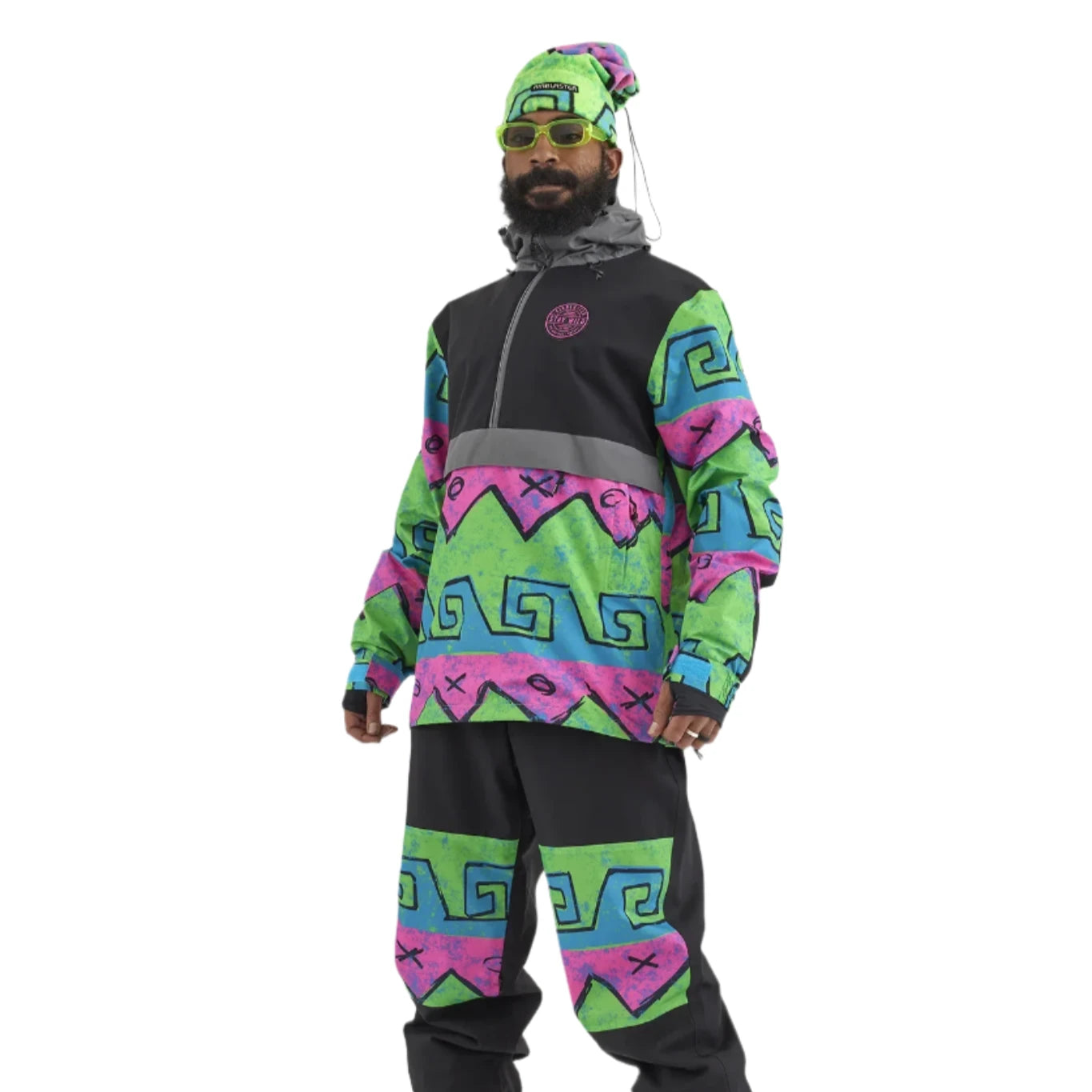 Airblaster Trenchover Half Zip Shell Jacket 2025 - A black jacket with a zipper and a pink logo on the chest.