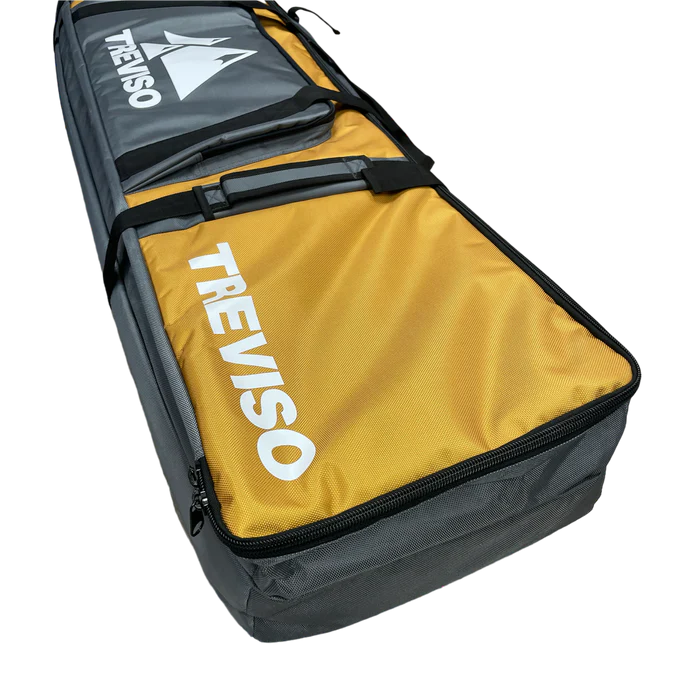 Treviso Trident Snowboard Bag 2023 - A black snowboard bag with a white logo on top and a zippered front pocket.