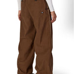 Brown wide-leg shell pants with elastic back waistband and ankle cuffs