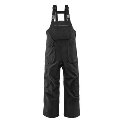 Black shell bib overalls with front pockets and adjustable shoulder straps.