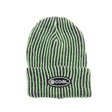 Coal Benny Ultra Tall Beanie 2024 - A black beanie with neon green stripes and a white logo on the front.
