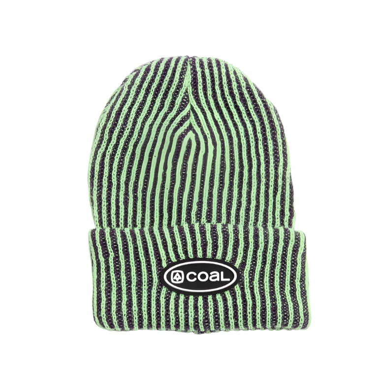 Coal Benny Ultra Tall Beanie 2024 - A black beanie with neon green stripes and a white logo on the front.