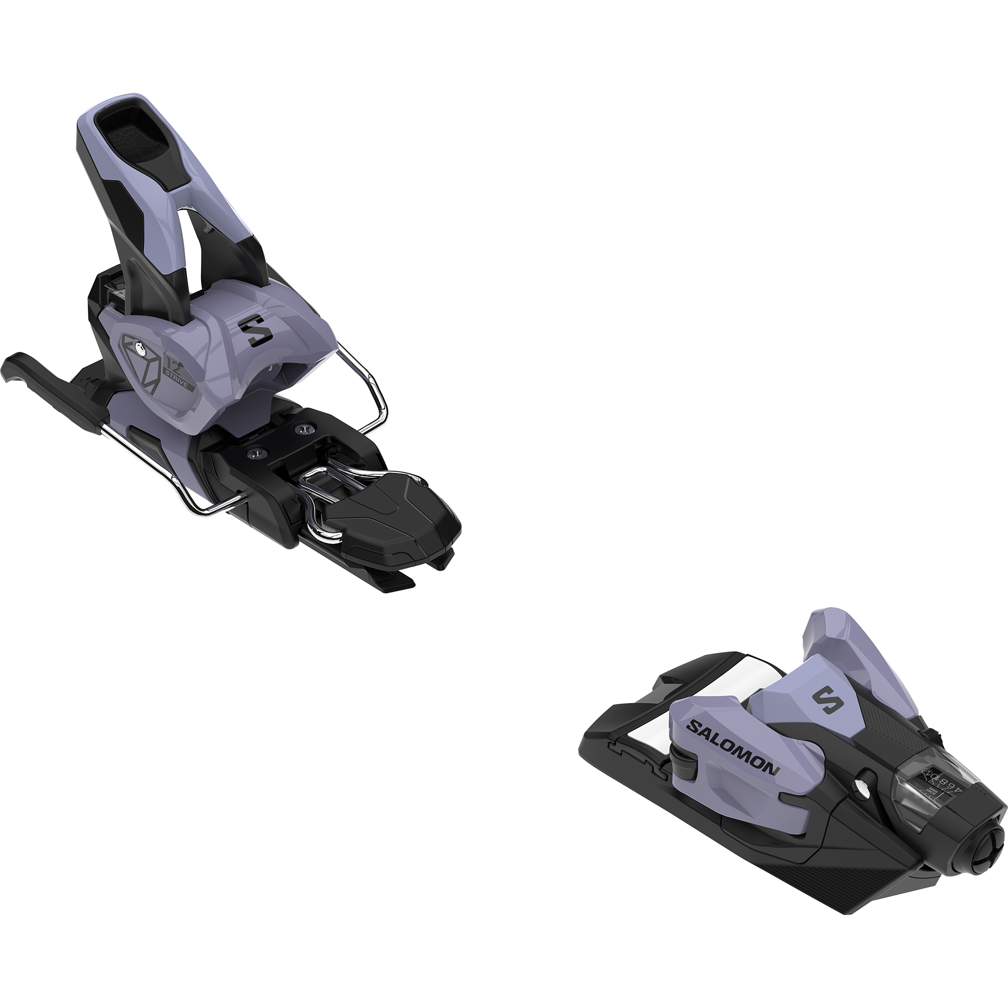 Salomon Strive 12 Grip Walk Ski Bindings - A pair of black ski bindings with silver hardware and a gray logo on the top plate.