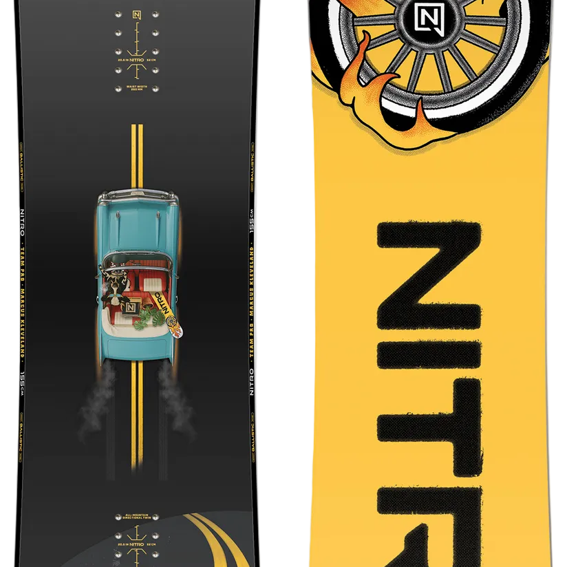 Nitro snowboard with black and yellow design on a white background