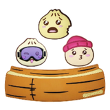 StompCharms Dim Sum Divas Basket Combo Stomp Pad 2025 - A yellow basket with a purple and black stomp pad on top, featuring two cartoon dim sum characters peeking out from the sides.