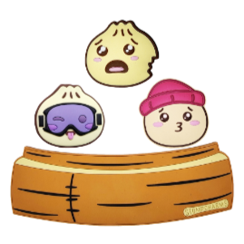 StompCharms Dim Sum Divas Basket Combo Stomp Pad 2025 - A yellow basket with a purple and black stomp pad on top, featuring two cartoon dim sum characters peeking out from the sides.