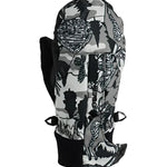 Obermeyer Junior's Thumbs Up Print Mitt 2025 - A black and white mitt with a cartoon print of a boy skiing down a mountain, featuring a gray background and a black cuff at the wrist.