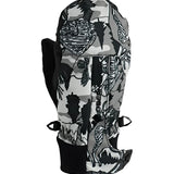 Obermeyer Junior's Thumbs Up Print Mitt 2025 - A black and white mitt with a cartoon print of a boy skiing down a mountain, featuring a gray background and a black cuff at the wrist.