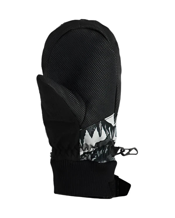 Obermeyer Junior's Thumbs Up Print Mitt 2025 - A black and white mitt with a cartoon print of a boy holding his thumb up on the back of one mitten.