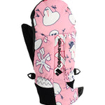 Obermeyer Junior's Thumbs Up Print Mitt 2025 - Pink mitt with white cartoon bird and flower print, black trim, and ribbed cuff.