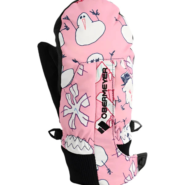 Obermeyer Junior's Thumbs Up Print Mitt 2025 - Pink mitt with white cartoon bird and flower print, black trim, and ribbed cuff.
