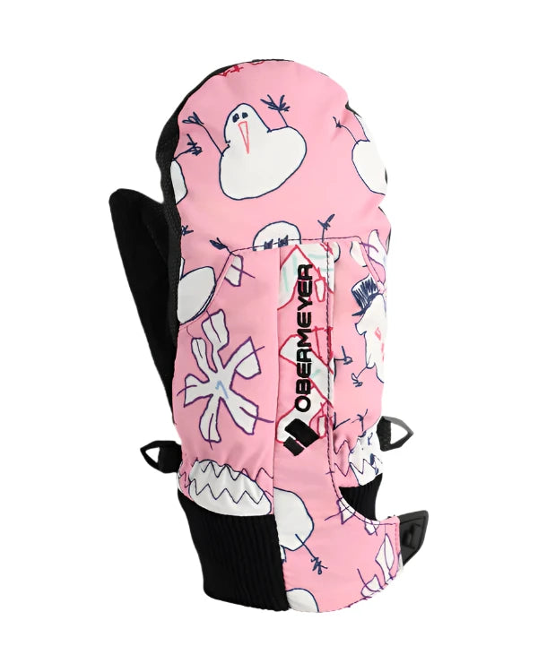 Obermeyer Junior's Thumbs Up Print Mitt 2025 - Pink mitt with white cartoon bird and flower print, black trim, and ribbed cuff.