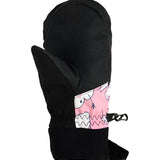 Obermeyer Junior's Thumbs Up Print Mitt 2025 - A pair of black mitts with a pink and white cartoon print on the back, featuring thumbs that appear to be waving.